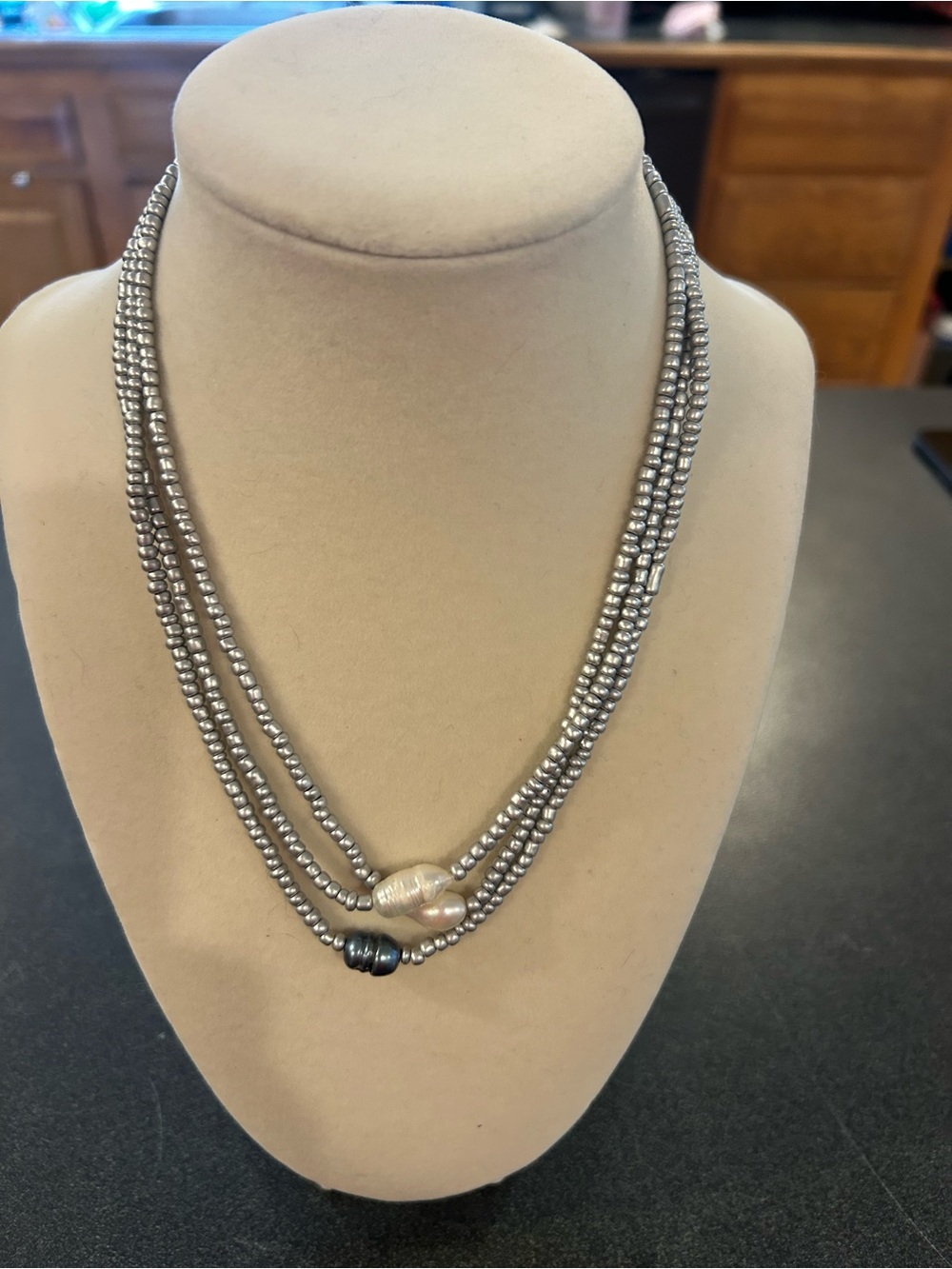 Handcrafted Silver/ Baby blue Tone Multi-Strand Beaded Necklace with Accent Bead